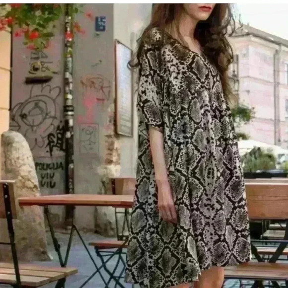 Zara Premium Snakeskin Print V-neck Dress. Front Button Top, Pockets Size Large. - Picture 3 of 7